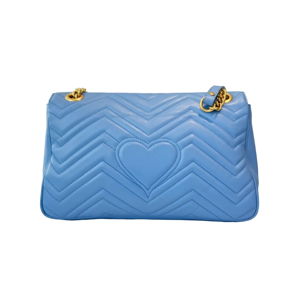 100 Deposit | Pre-owned GUCCI Marmont Medium 30cm Blue Matelassé Calfskin Leather Gold Hardware Shoulder Bag