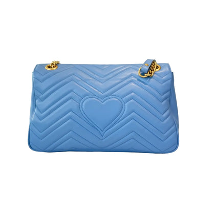 100 Deposit | Pre-owned GUCCI Marmont Medium 30cm Blue Matelassé Calfskin Leather Gold Hardware Shoulder Bag