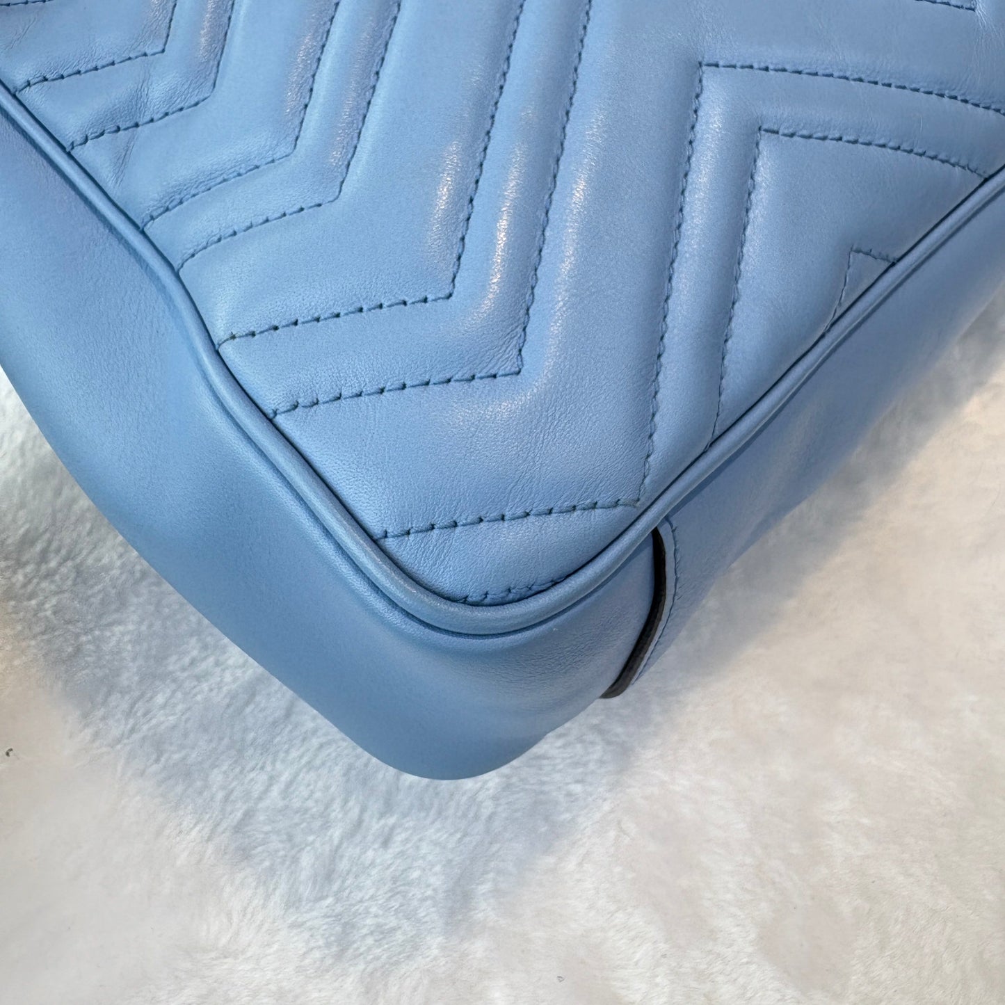 100 Deposit | Pre-owned GUCCI Marmont Medium 30cm Blue Matelassé Calfskin Leather Gold Hardware Shoulder Bag