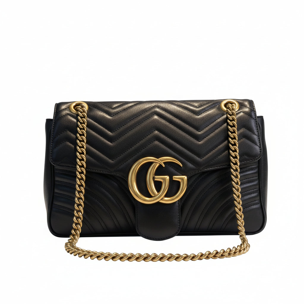 【#180】Pre-owned Gucci GG Marmont Medium Bag Black Matelassé Leather