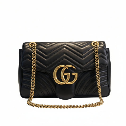 【#180】Pre-owned Gucci GG Marmont Medium Bag Black Matelassé Leather