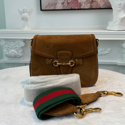 【#282】Pre-owned Gucci Horsebit 1955 Small Saddle Bag Suede in Cognac Brown with Gold-Tone Hardware
