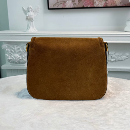 【#282】Pre-owned Gucci Horsebit 1955 Small Saddle Bag Suede in Cognac Brown with Gold-Tone Hardware