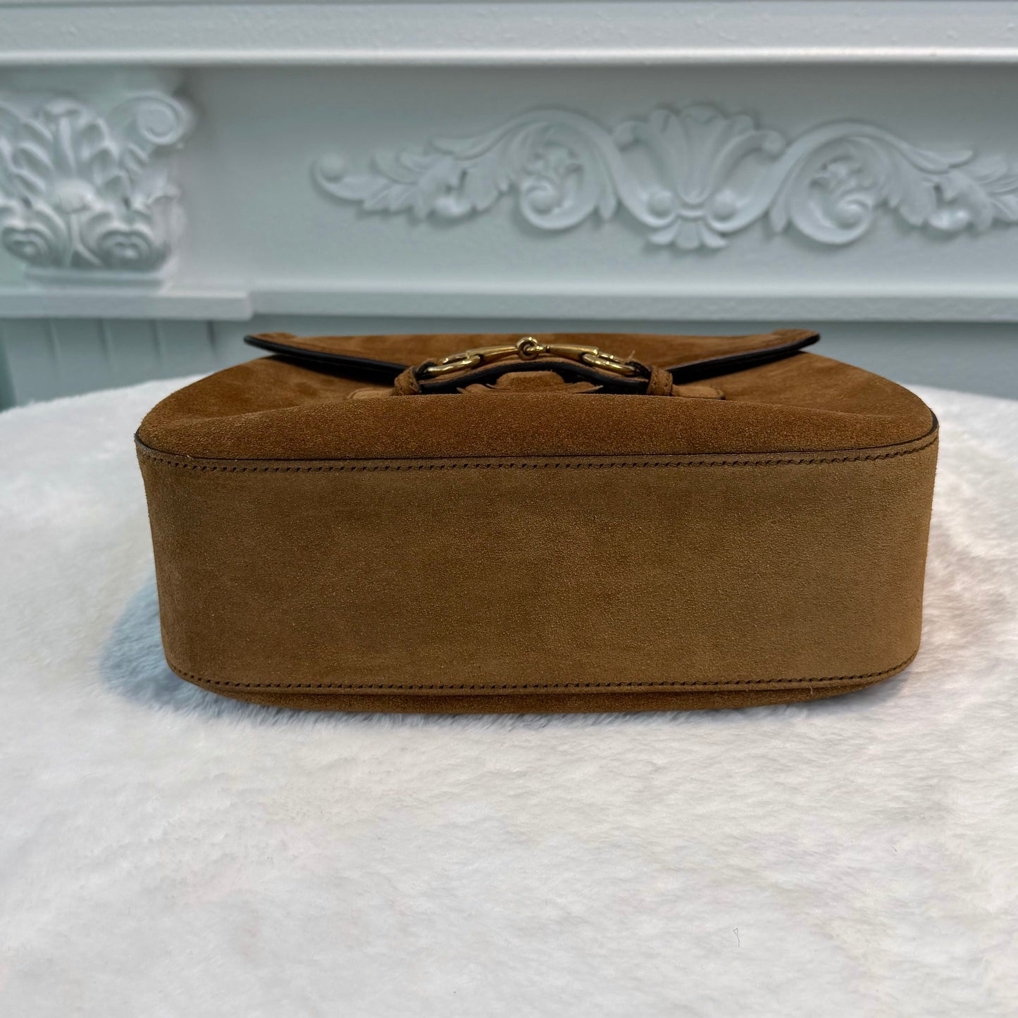 【#282】Pre-owned Gucci Horsebit 1955 Small Saddle Bag Suede in Cognac Brown with Gold-Tone Hardware