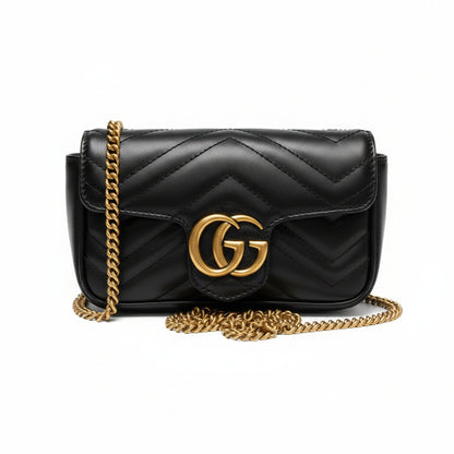 【#188】Pre-owned Gucci GG Marmont Super Mini Bag Black Matelassé Leather (with Full Set)