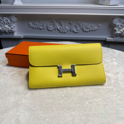 【#290】Pre-owned Hermès Constance Long Wallet Epsom Leather in Lime Yellow with Palladium Hardware