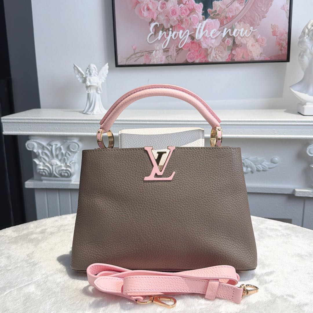 【#065】Pre-owned Louis Vuitton Capucines BB Galet Taurillon Leather with Pink & White Accents Top Handle Bag
