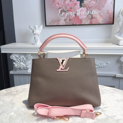 【#065】Pre-owned Louis Vuitton Capucines BB Galet Taurillon Leather with Pink & White Accents Top Handle Bag