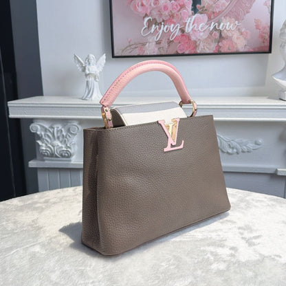 【#065】Pre-owned Louis Vuitton Capucines BB Galet Taurillon Leather with Pink & White Accents Top Handle Bag