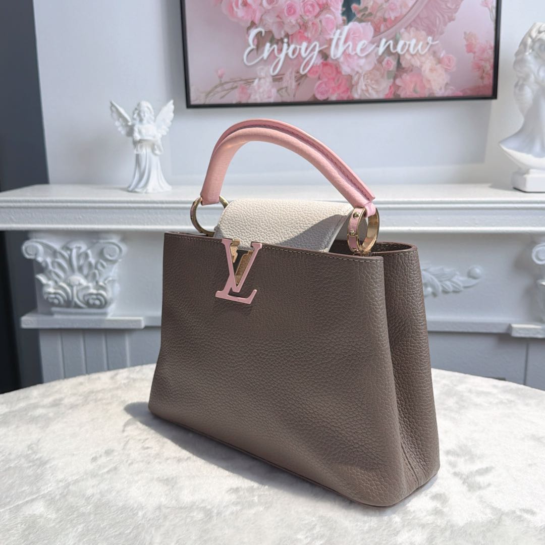 【#065】Pre-owned Louis Vuitton Capucines BB Galet Taurillon Leather with Pink & White Accents Top Handle Bag
