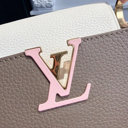 【#065】Pre-owned Louis Vuitton Capucines BB Galet Taurillon Leather with Pink & White Accents Top Handle Bag