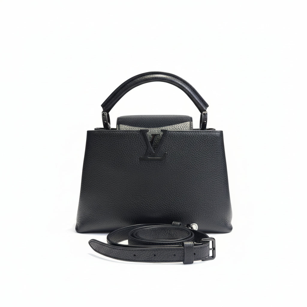 【#064】Pre-owned Louis Vuitton Capucines MM Black Noir Taurillon Leather Top Handle Bag