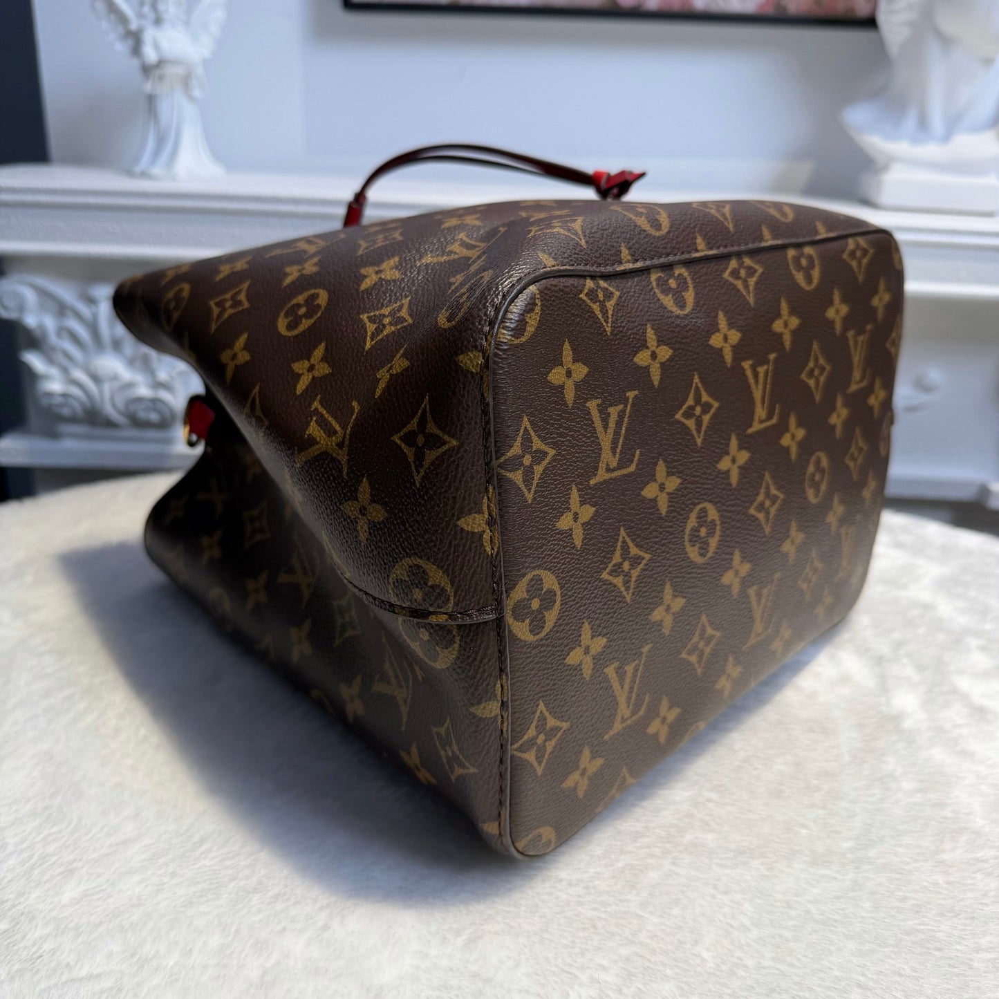 【#060】deposit。Pre-owned Louis Vuitton Néonoé MM Monogram Canvas Coquelicot Red Leather Bucket BagHZ2601310&&