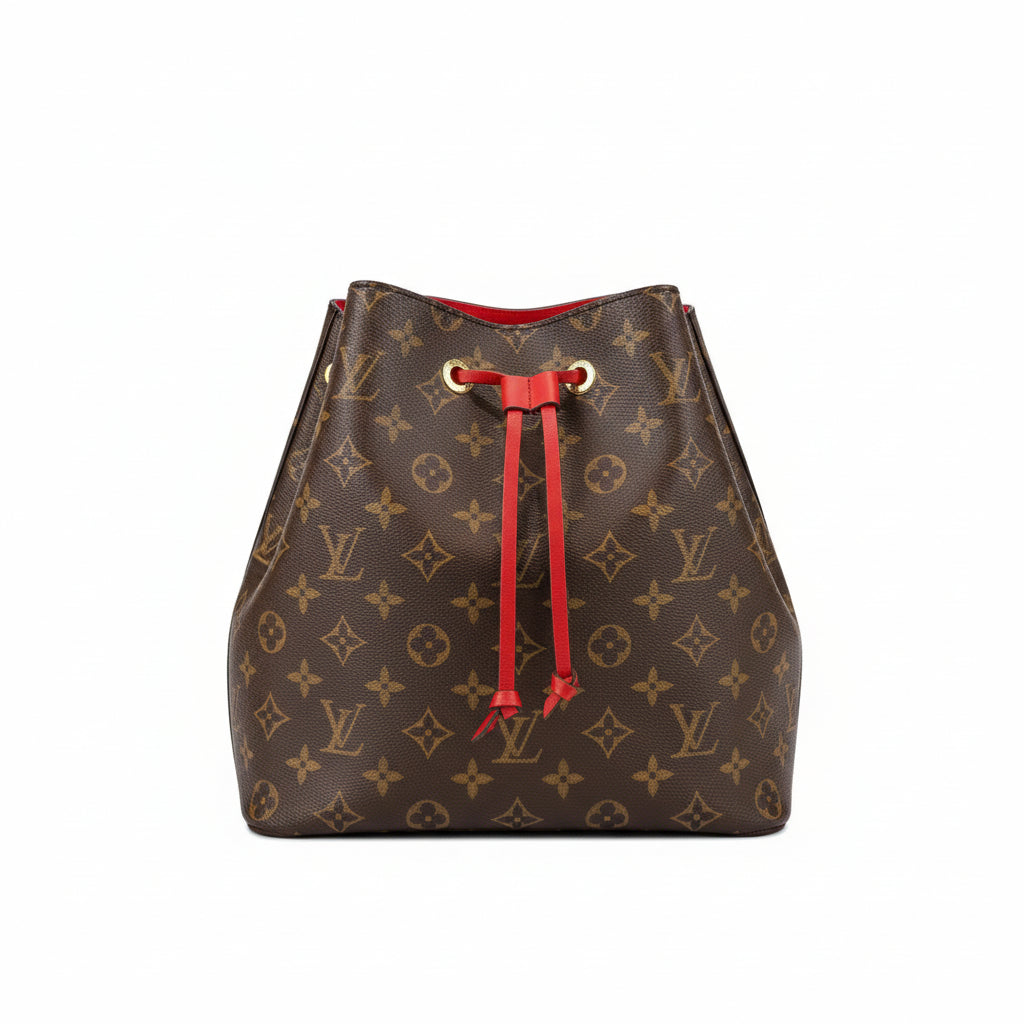 【#060】deposit。Pre-owned Louis Vuitton Néonoé MM Monogram Canvas Coquelicot Red Leather Bucket BagHZ2601310&&