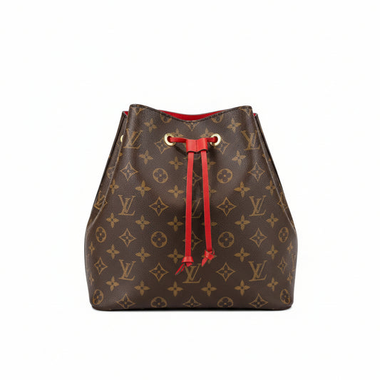 【#060】deposit。Pre-owned Louis Vuitton Néonoé MM Monogram Canvas Coquelicot Red Leather Bucket BagHZ2601310&&