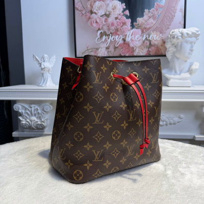 【#060】deposit。Pre-owned Louis Vuitton Néonoé MM Monogram Canvas Coquelicot Red Leather Bucket BagHZ2601310&&