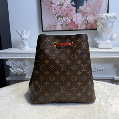 【#060】deposit。Pre-owned Louis Vuitton Néonoé MM Monogram Canvas Coquelicot Red Leather Bucket BagHZ2601310&&