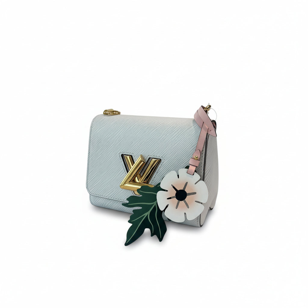 【#276】Pre-owned Louis Vuitton Twist MM Bag Epi Leather in White with Gold-Tone Hardware & Floral Bag Charm