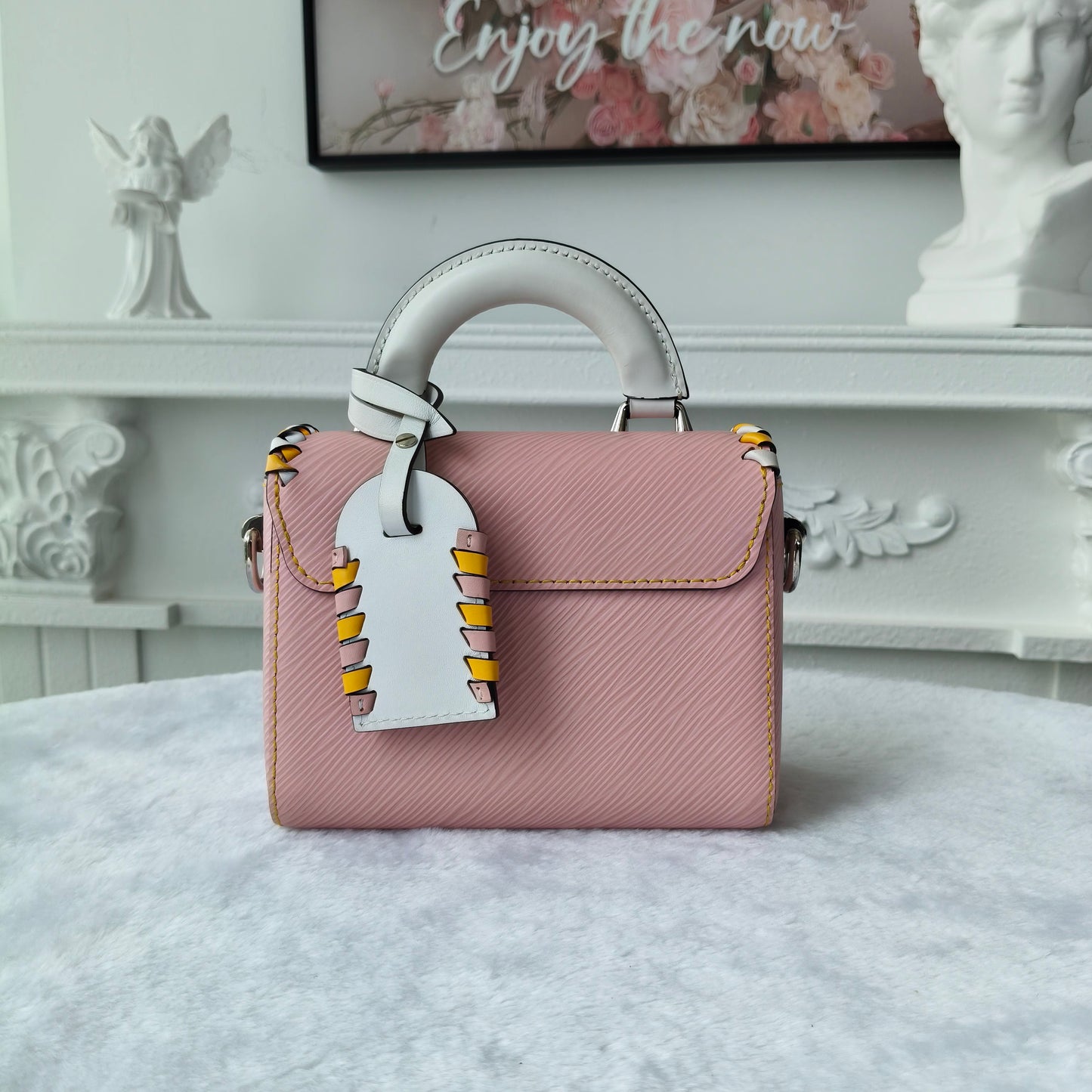 【#293】Pre-owned Louis Vuitton Twist Mini Box Bag Epi Leather in Rose Pink with Yellow-White Braided Trim & Silver-Tone Hardware