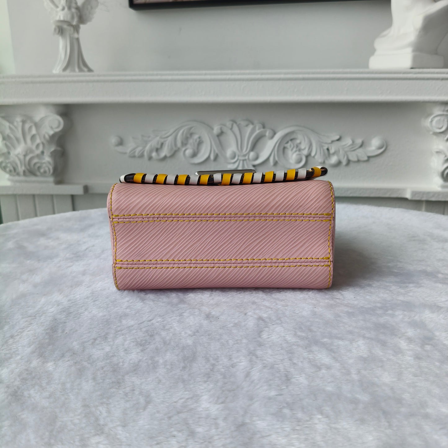 【#293】Pre-owned Louis Vuitton Twist Mini Box Bag Epi Leather in Rose Pink with Yellow-White Braided Trim & Silver-Tone Hardware