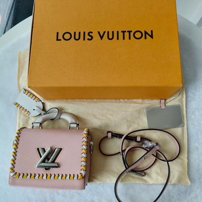 【#293】Pre-owned Louis Vuitton Twist Mini Box Bag Epi Leather in Rose Pink with Yellow-White Braided Trim & Silver-Tone Hardware