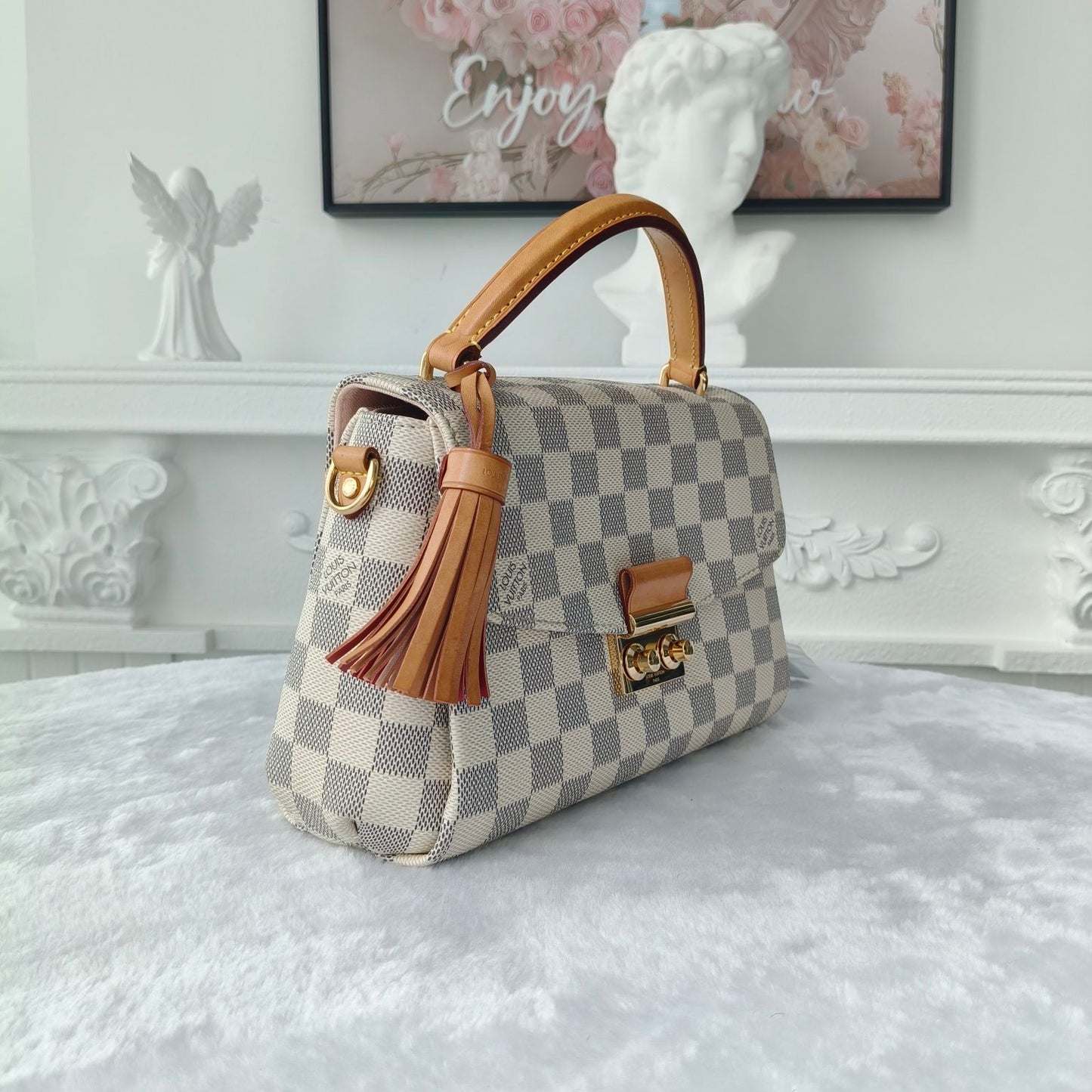 【#049】Pre-owned Louis Vuitton Croisette Damier Azur Canvas Natural Calfskin Leather Top Handle BagHZ2603040&&
