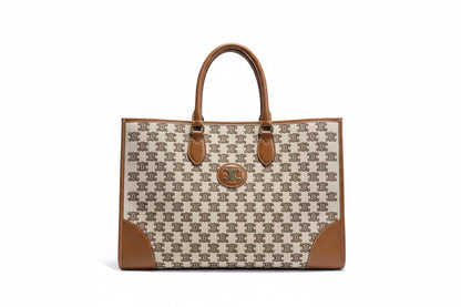 【#037】Pre-owned Celine Large Triomphe Canvas Tote Bag Beige/Brown Calfskin Leather Trim