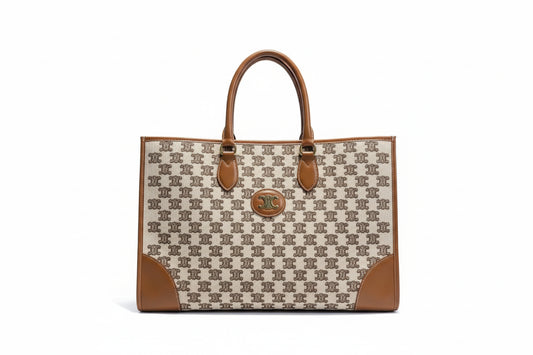【#037】Pre-owned Celine Large Triomphe Canvas Tote Bag Beige/Brown Calfskin Leather Trim