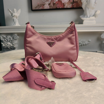 【#167】Pre-owned PRADA  Three-in-One Mini Pink Logo Print Nylon Hobo HZ260119&&