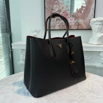 【#275】Pre-owned Prada Large Open Tote Bag Saffiano Leather in Black with Contrast Red Lining