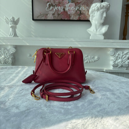 【#166】Pre-owned PRADA Promenade Mini Vibrant Pink Saffiano Leather Gold Hardware Shoulder Bag HZ260124&&
