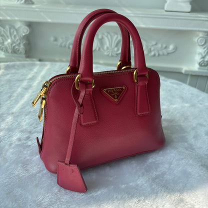 【#166】Pre-owned PRADA Promenade Mini Vibrant Pink Saffiano Leather Gold Hardware Shoulder Bag HZ260124&&
