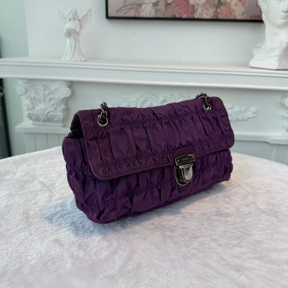 【#278】Pre-owned Prada Ruched Nylon Chain Shoulder Bag in Deep Purple with Silver-Tone Hardware