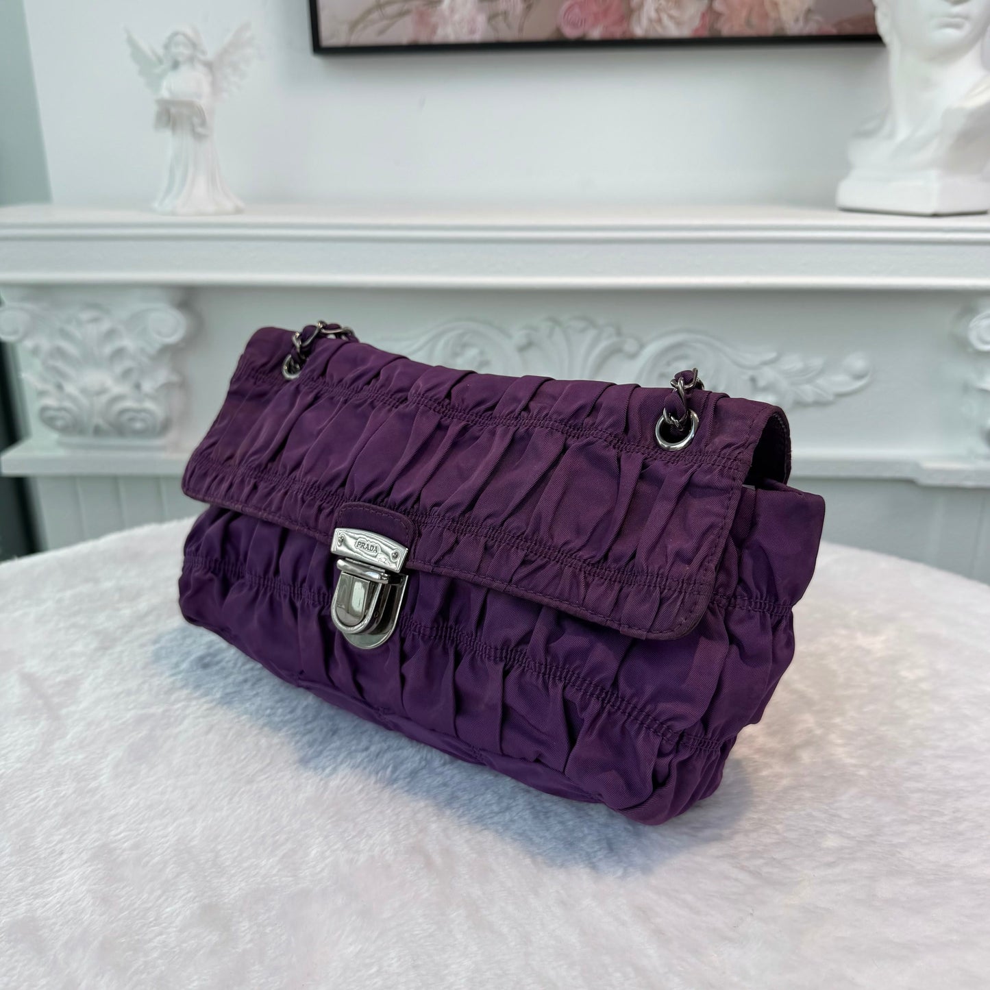 【#278】Pre-owned Prada Ruched Nylon Chain Shoulder Bag in Deep Purple with Silver-Tone Hardware