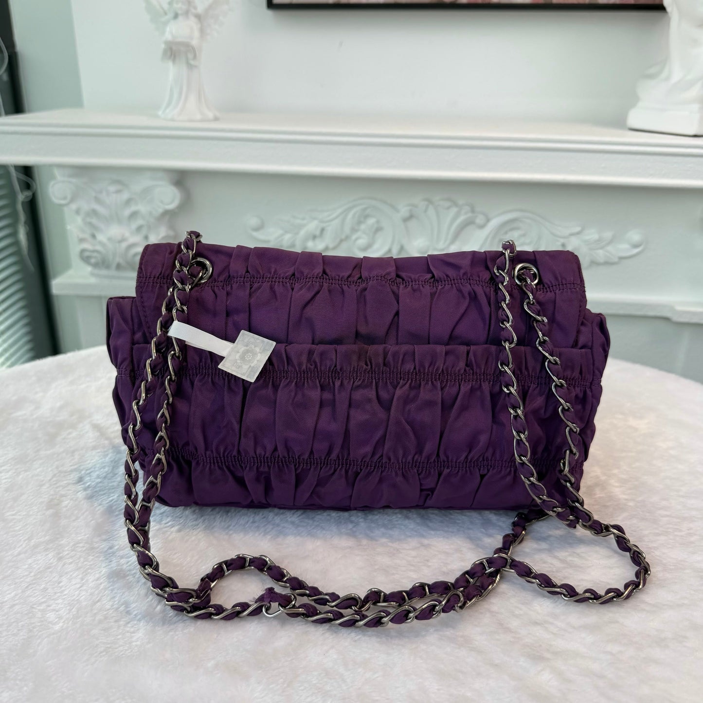 【#278】Pre-owned Prada Ruched Nylon Chain Shoulder Bag in Deep Purple with Silver-Tone Hardware