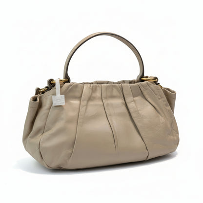 【#280】Pre-owned Prada Medium Ruched Leather Handbag in Beige with Gold-Tone Hardware