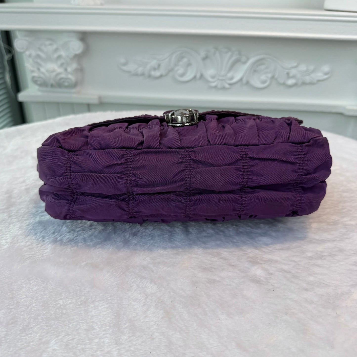 【#278】Pre-owned Prada Ruched Nylon Chain Shoulder Bag in Deep Purple with Silver-Tone Hardware