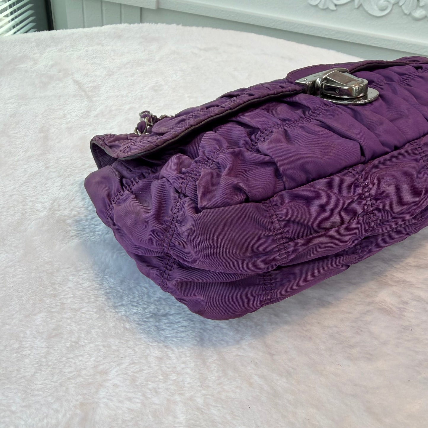 【#278】Pre-owned Prada Ruched Nylon Chain Shoulder Bag in Deep Purple with Silver-Tone Hardware