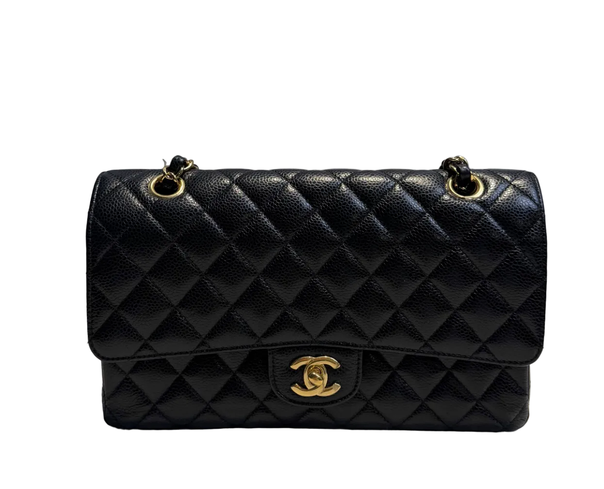 【#231】Pre-owned CHANEL CLASSIC FLAP Medium Black Quilted Caviar Leather Gold Hardware Shoulder Bag