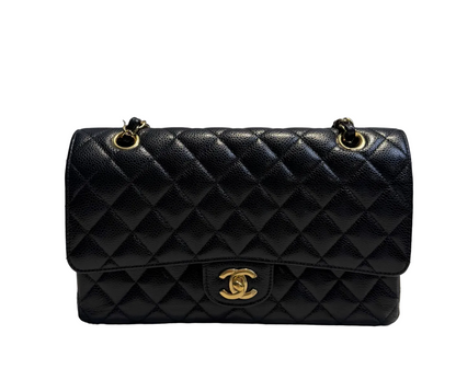 【#231】Pre-owned CHANEL CLASSIC FLAP Medium Black Quilted Caviar Leather Gold Hardware Shoulder Bag